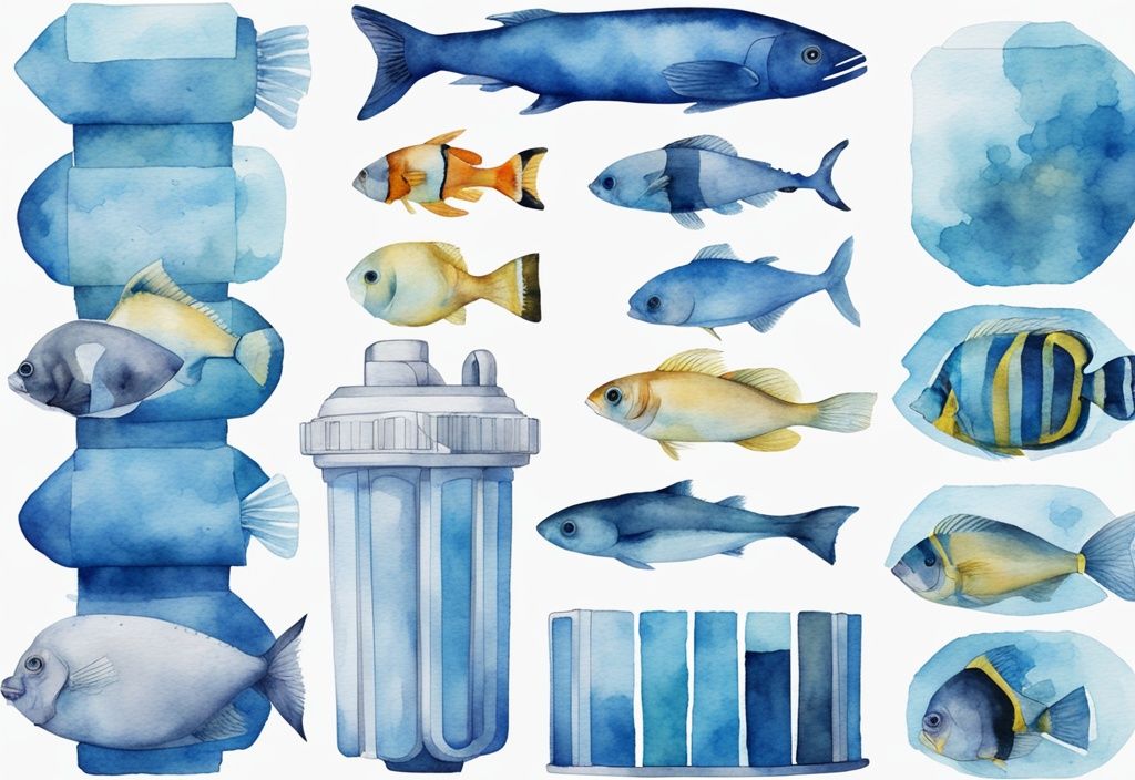 Illustration moderne en aquarelle montrant dans quel ordre mettre les filtres aquarium, avec un thème de couleur bleu et différents types de filtres d'aquarium arrangés séquentiellement.