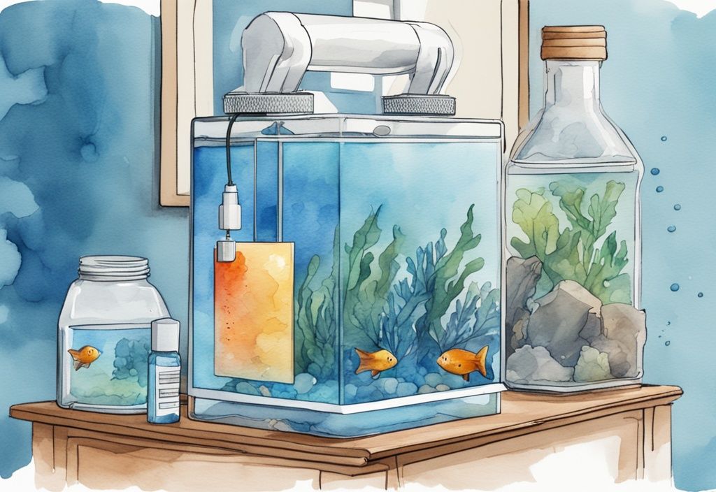 Illustration moderne d'un aquarium maison avec testeur de pH numérique affichant un niveau élevé et produit pour abaisser le pH à proximité.