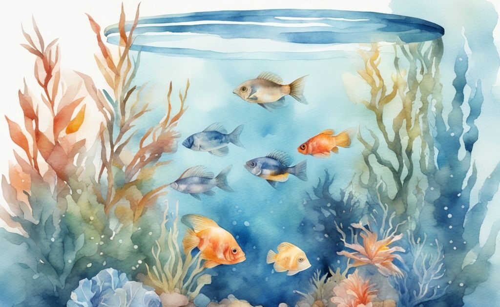 Illustration moderne en aquarelle avec des poissons d'eau douce aquarium colorés nageant dans un réservoir bien décoré avec des plantes et des pièces décoratives, créant une scène sous-marine animée.