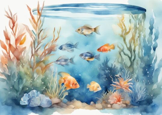 Illustration moderne en aquarelle avec des poissons d'eau douce aquarium colorés nageant dans un réservoir bien décoré avec des plantes et des pièces décoratives, créant une scène sous-marine animée.