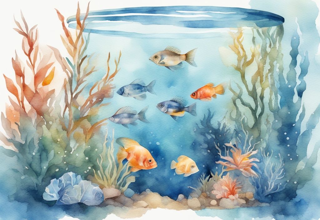 Illustration moderne en aquarelle avec des poissons d'eau douce aquarium colorés nageant dans un réservoir bien décoré avec des plantes et des pièces décoratives, créant une scène sous-marine animée.