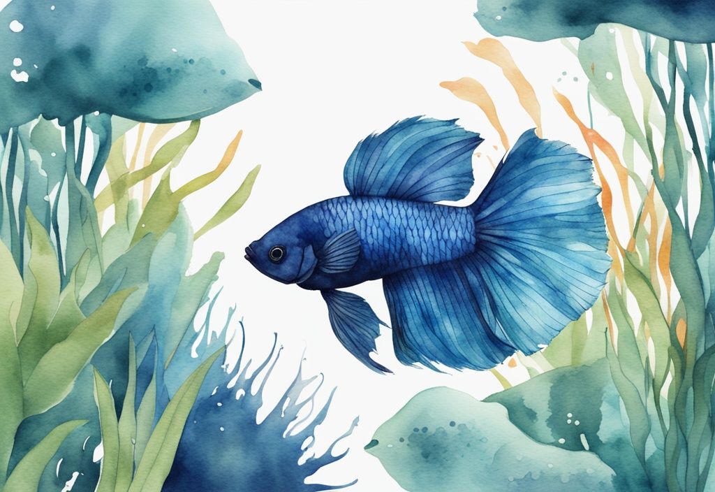 Illustration moderne en aquarelle d'un poisson Betta coloré nageant élégamment parmi des plantes aquatiques luxuriantes dans un aquarium minimaliste au thème bleu.