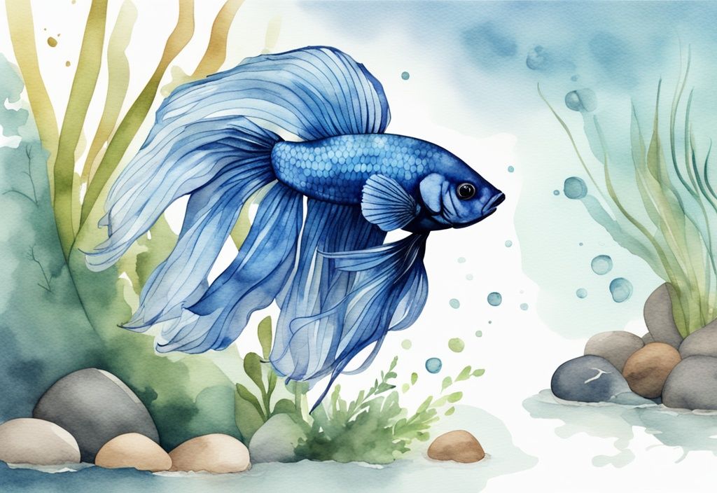 Illustration moderne en aquarelle avec un poisson Betta vibrant nageant dans un aquarium de 20 litres, entouré de plantes aquatiques et de galets lisses, thème de couleur bleu.