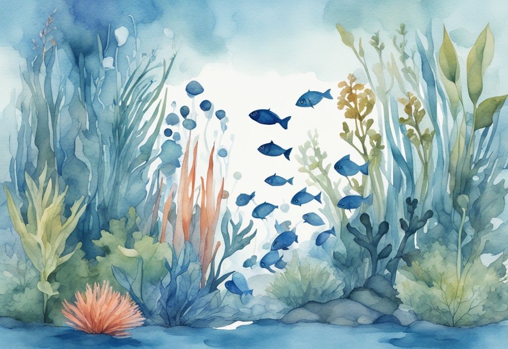 Illustration moderne d'aquarium d'eau douce éclairé, plantes flottantes et poissons, thème bleu aquarelle