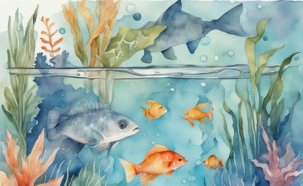 Illustration moderne en aquarelle montrant comment installer un bulleur dans un aquarium avec de l'eau claire, des plantes aquatiques vibrantes et des poissons colorés.