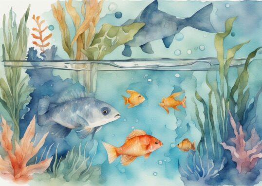 Illustration moderne en aquarelle montrant comment installer un bulleur dans un aquarium avec de l'eau claire, des plantes aquatiques vibrantes et des poissons colorés.