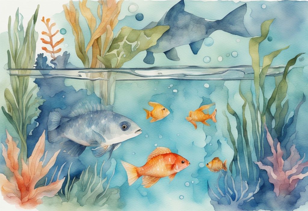 Illustration moderne en aquarelle montrant comment installer un bulleur dans un aquarium avec de l'eau claire, des plantes aquatiques vibrantes et des poissons colorés.