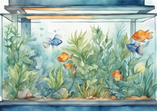 Illustration moderne d'aquarelle montrant des plantes d'aquarium faciles à entretenir dans un aquarium propre et bien éclairé, thème bleu.