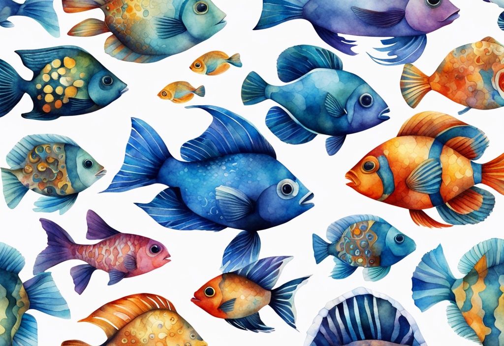 Illustration moderne en aquarelle avec des poissons ornementaux colorés et décorations d'aquarium, thème principal bleu.