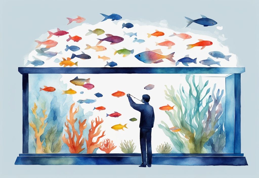 Illustration moderne en aquarelle d'une personne mesurant un aquarium rectangulaire rempli de poissons colorés, avec une formule de calcul du volume.