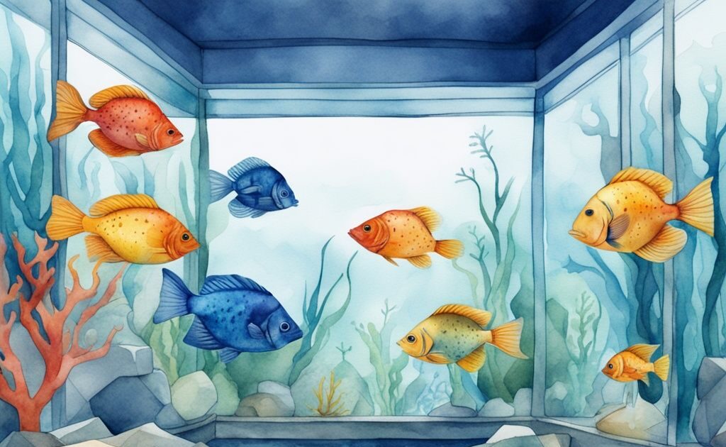 Illustration moderne en aquarelle d'un aquarium propre et étincelant avec des poissons colorés, idéal pour apprendre à nettoyer aquarium.