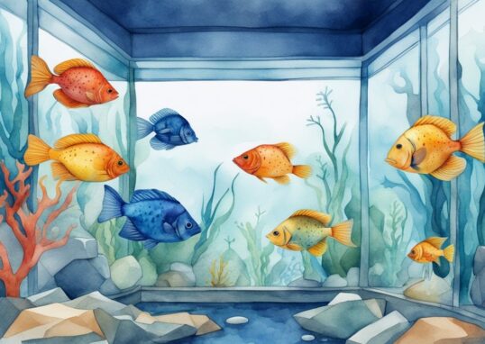 Illustration moderne en aquarelle d'un aquarium propre et étincelant avec des poissons colorés, idéal pour apprendre à nettoyer aquarium.