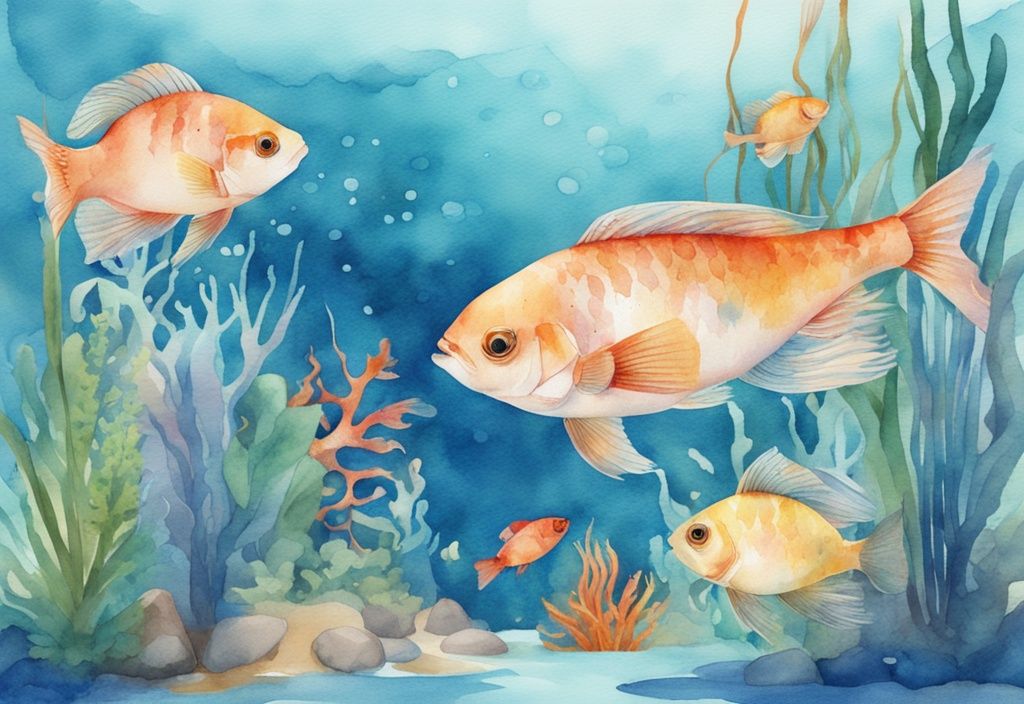 Illustration moderne en aquarelle avec des poissons d'eau douce aquarium colorés nageant dans un réservoir bien décoré avec des plantes et des pièces décoratives, créant une scène sous-marine animée.