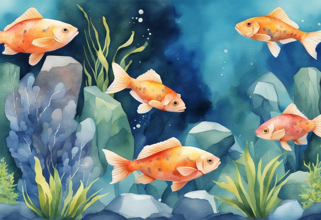 Illustration moderne en aquarelle de poissons d'eau douce colorés dans un aquarium de 60l avec plantes aquatiques et rochers décoratifs, thème bleu.