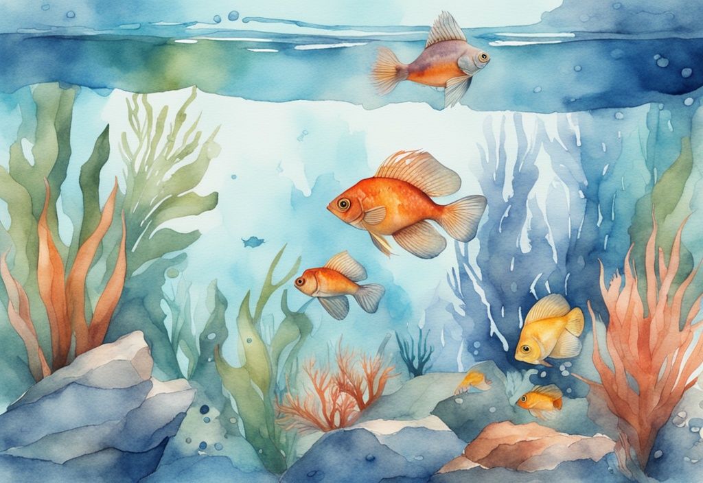 Illustration moderne en aquarelle d'un aquarium d'eau douce avec des poissons rares et colorés, thème principal bleu.