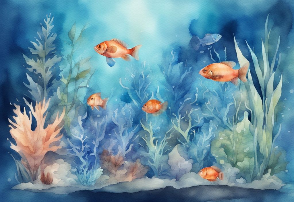 Illustration moderne en aquarelle d'un aquarium éclairé en bleu, montrant les effets sur différentes espèces de poissons et plantes aquatiques.