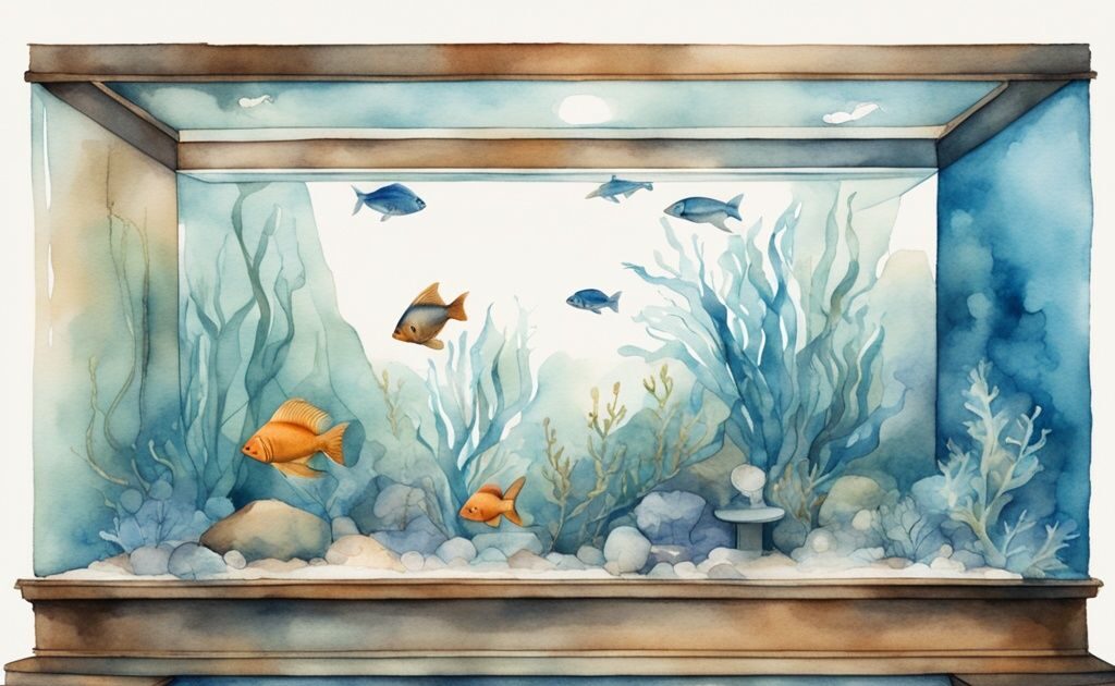 Illustration moderne en aquarelle bleue d'un aquarium rempli de vie aquatique vibrante, une pompe sur le côté, un sablier au premier plan signifiant le temps qui passe - combien de temps un aquarium peut rester sans pompe.