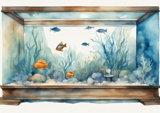 Illustration moderne en aquarelle bleue d'un aquarium rempli de vie aquatique vibrante, une pompe sur le côté, un sablier au premier plan signifiant le temps qui passe - combien de temps un aquarium peut rester sans pompe.