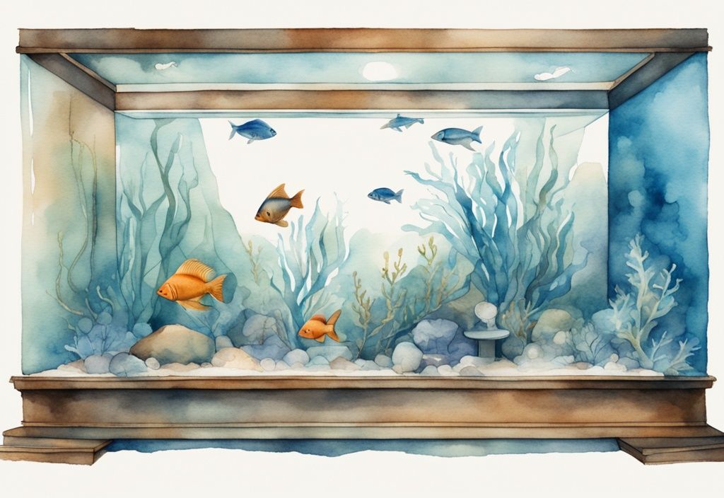 Illustration moderne en aquarelle bleue d'un aquarium rempli de vie aquatique vibrante, une pompe sur le côté, un sablier au premier plan signifiant le temps qui passe - combien de temps un aquarium peut rester sans pompe.