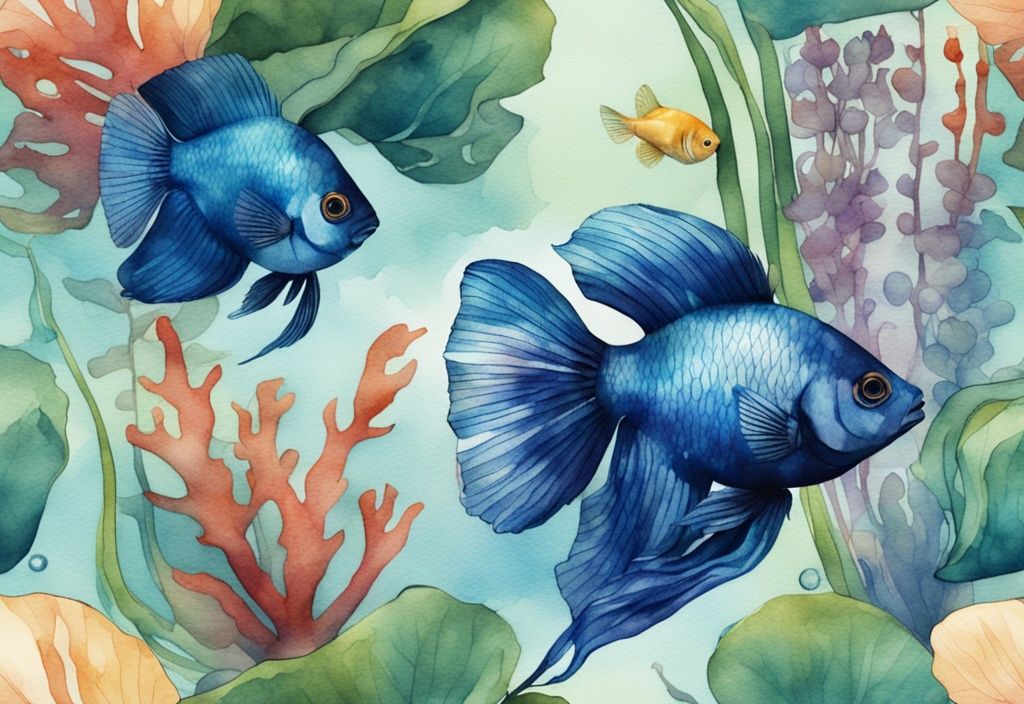 Illustration aquarelle moderne de poissons d'aquarium colorés comme guppy, betta et poisson-ange nageant parmi des plantes aquatiques luxuriantes, thème bleu.