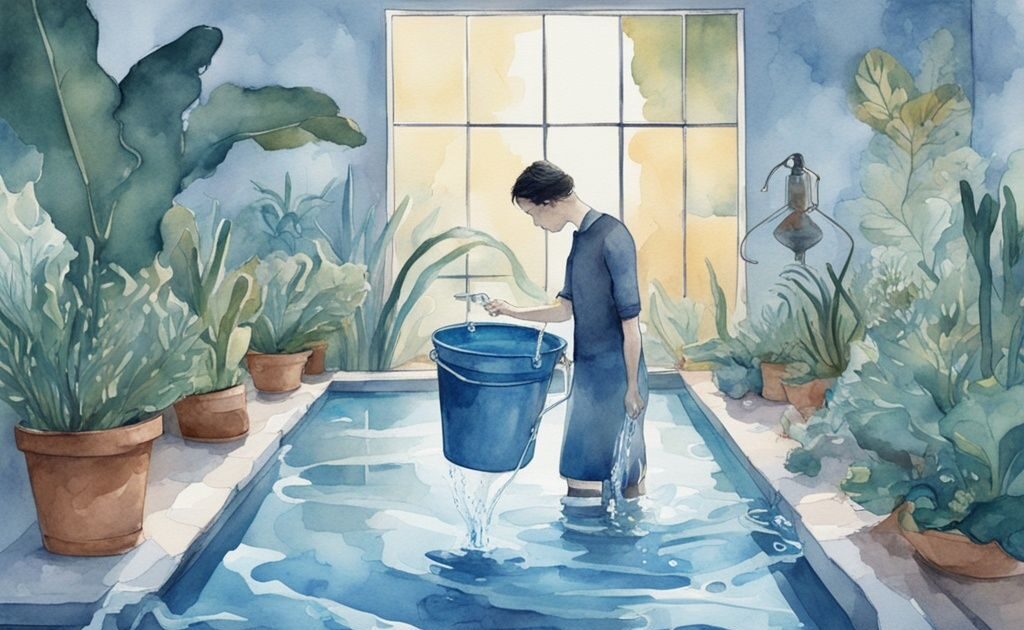 Illustration moderne en aquarelle montrant comment changer l'eau d'un aquarium, une personne siphonnant soigneusement l'eau d'un aquarium peuplé dans un seau avec une source d'eau fraîche à côté.