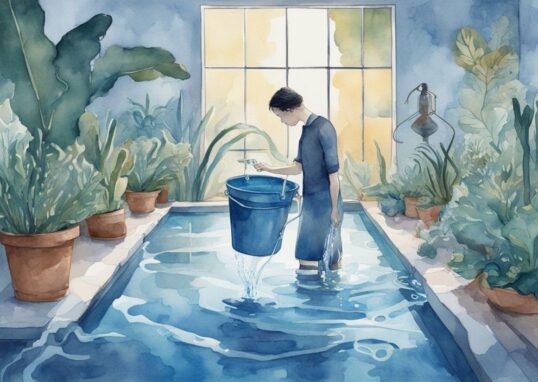 Illustration moderne en aquarelle montrant comment changer l'eau d'un aquarium, une personne siphonnant soigneusement l'eau d'un aquarium peuplé dans un seau avec une source d'eau fraîche à côté.