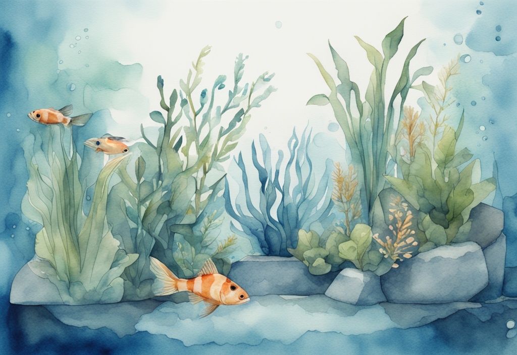 Illustration aquarelle moderne d'un aquarium d'eau douce à faible entretien, avec des plantes faciles à entretenir, thème de couleur bleu.