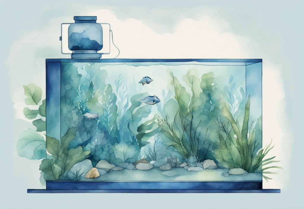 Illustration moderne en aquarelle d'un aquarium domestique avec système CO2 et plantes aquatiques luxuriantes, thème bleu.