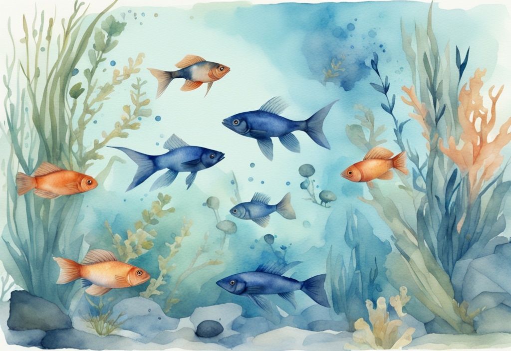 Illustration moderne en aquarelle avec des poissons d'eau douce variés nageant dans un aquarium bien décoré et lumineux, thème de couleur bleu.