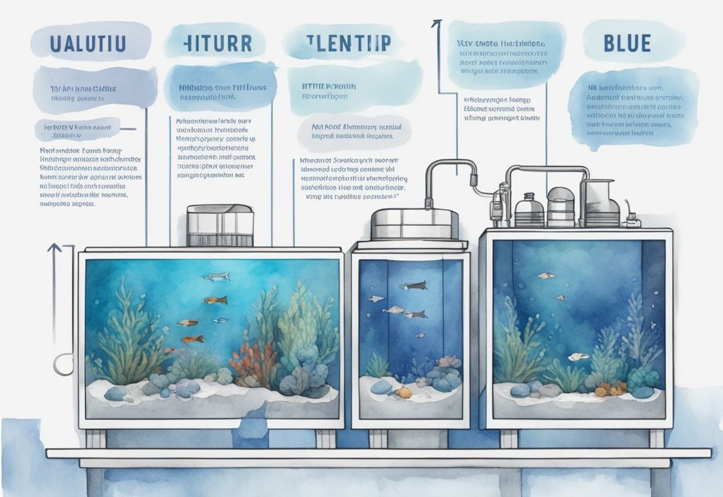 Illustration moderne en aquarelle montrant un infographique détaillé sur l'ordre d'installation des filtres d'aquarium, thème de couleur bleu.