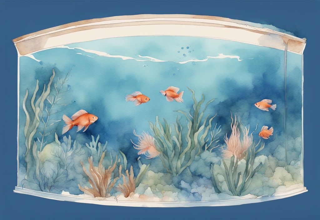 Illustration moderne en aquarelle d'un aquarium spacieux avec des plantes aquatiques et plusieurs bettas femelles nageant gracieusement, thème de couleur bleu.