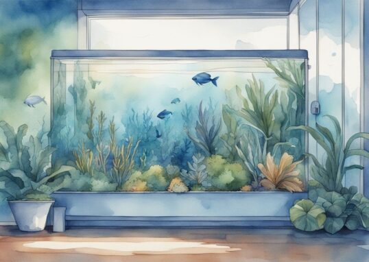 Illustration moderne aquarelle de plante de surface aquarium dans un grand aquarium domestique bien éclairé, thème de couleur bleu.