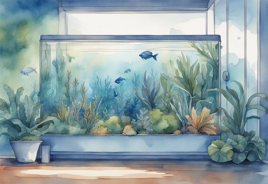 Illustration moderne aquarelle de plante de surface aquarium dans un grand aquarium domestique bien éclairé, thème de couleur bleu.