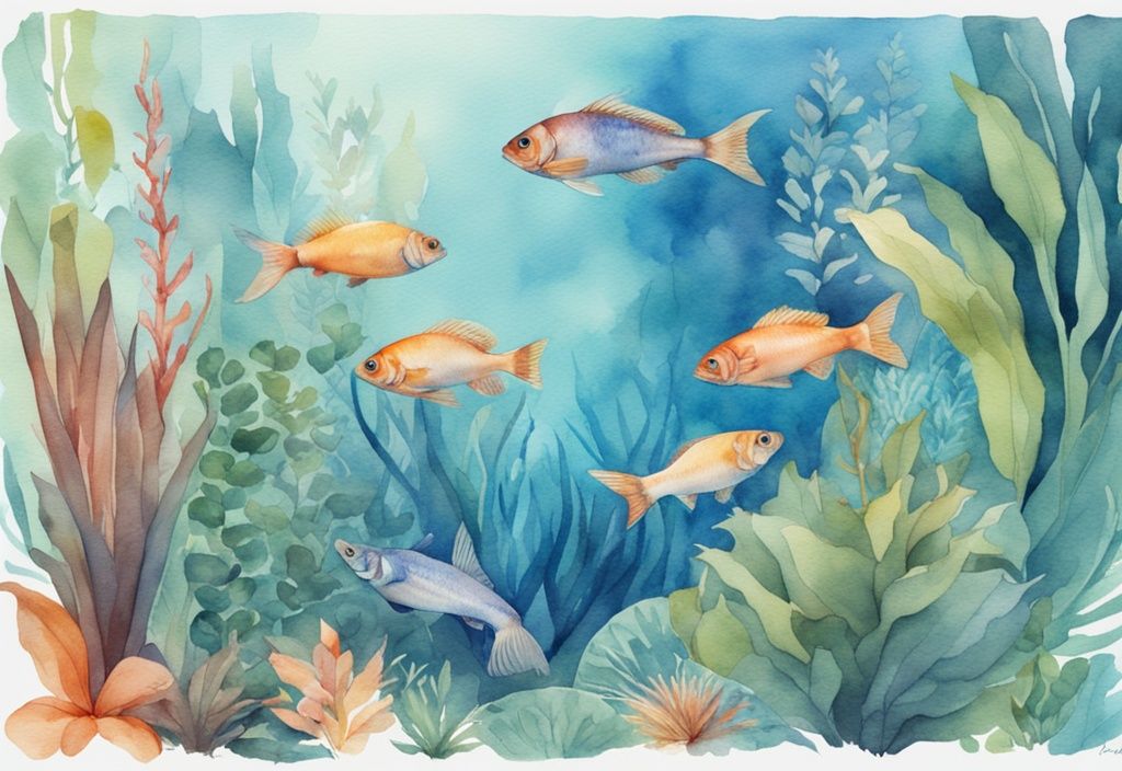 Illustration moderne en aquarelle avec des poissons colorés d'eau douce nageant paisiblement parmi des plantes aquatiques luxuriantes dans un aquarium bien éclairé.