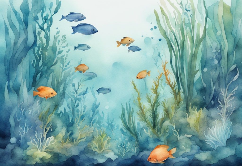 Illustration aquarelle moderne d'un écosystème sous-marin avec des plantes faciles aquarium luxuriantes et vibrantes, thème couleur bleu.