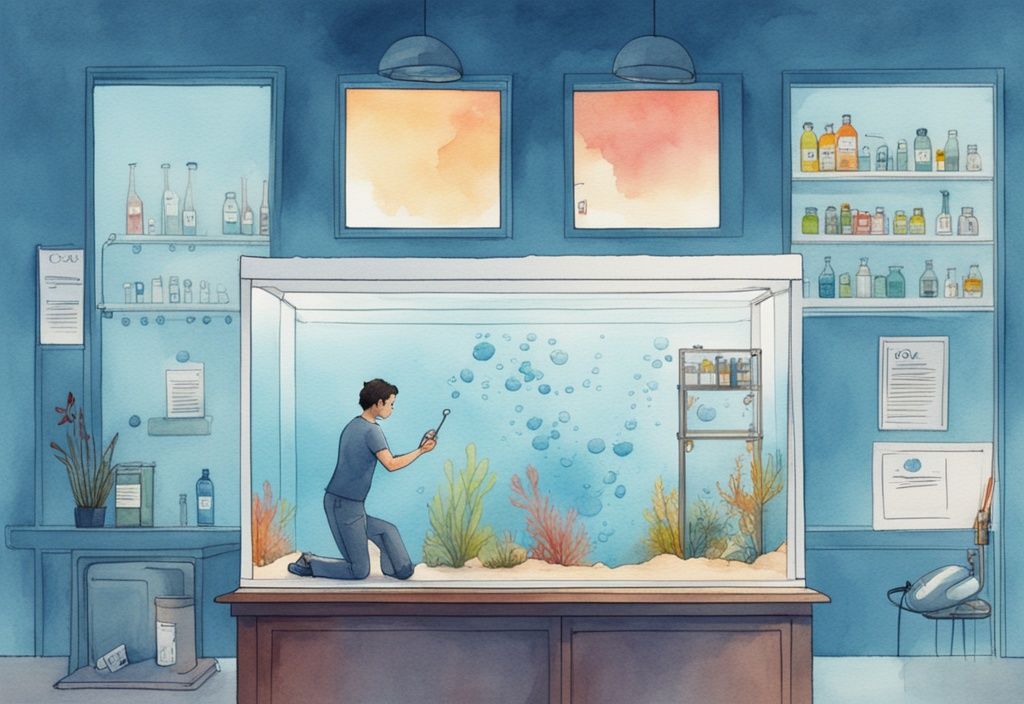 Illustration moderne d'une personne testant les niveaux d'oxygène dans un aquarium avec une solution et un tableau comparatif, comment savoir si un aquarium est bien oxygéné.