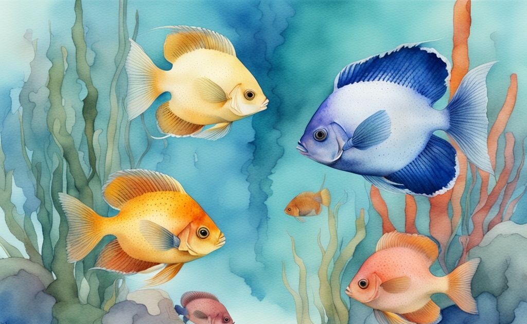 Illustration moderne en aquarelle de gouramis colorés dans un aquarium spacieux et bien décoré, combien de gourami dans un aquarium.