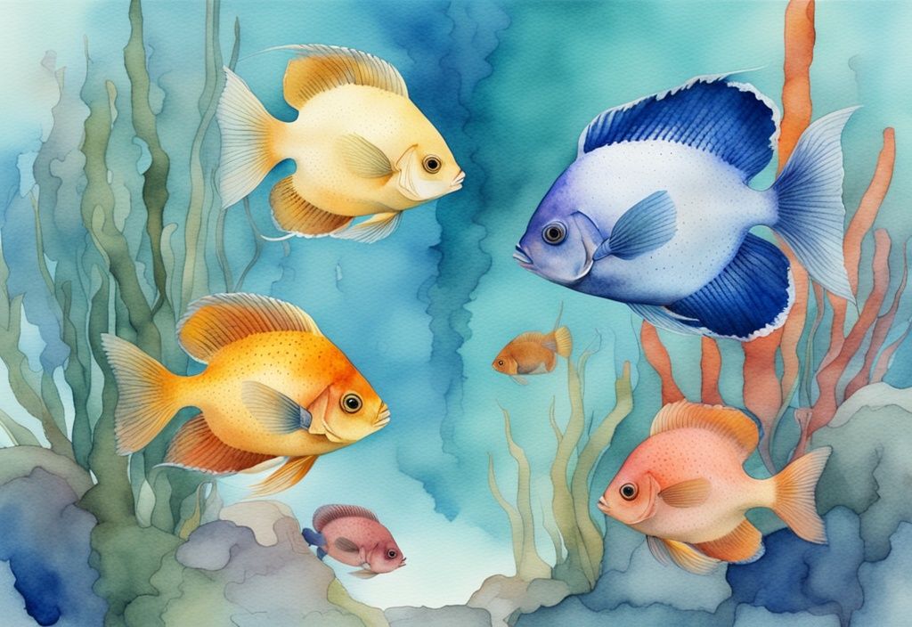 Illustration moderne en aquarelle de gouramis colorés dans un aquarium spacieux et bien décoré, combien de gourami dans un aquarium.