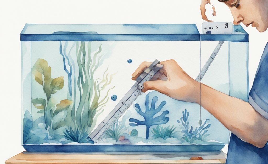 Illustration moderne en aquarelle montrant une personne mesurant les dimensions d'un aquarium rectangulaire avec un ruban à mesurer, un calculateur affichant le volume calculé, comment calculer le litrage d'un aquarium.