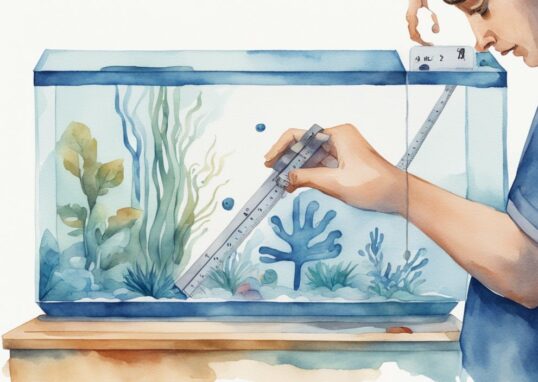 Illustration moderne en aquarelle montrant une personne mesurant les dimensions d'un aquarium rectangulaire avec un ruban à mesurer, un calculateur affichant le volume calculé, comment calculer le litrage d'un aquarium.