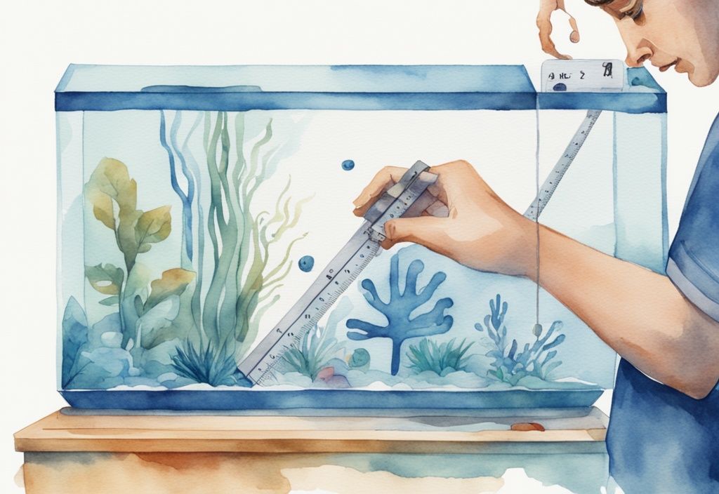 Illustration moderne en aquarelle montrant une personne mesurant les dimensions d'un aquarium rectangulaire avec un ruban à mesurer, un calculateur affichant le volume calculé, comment calculer le litrage d'un aquarium.