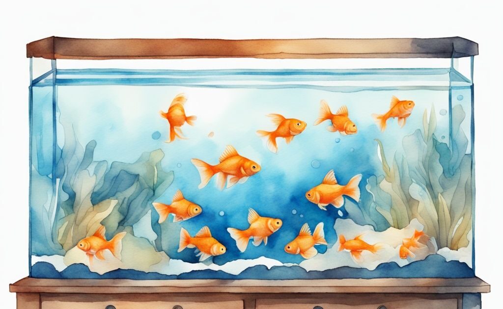 Illustration moderne en aquarelle montrant un aquarium de 20 litres avec le nombre approprié de poissons rouges, combien de poissons rouges dans un aquarium de 20 litres.