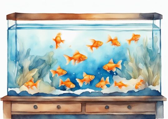 Illustration moderne en aquarelle montrant un aquarium de 20 litres avec le nombre approprié de poissons rouges, combien de poissons rouges dans un aquarium de 20 litres.