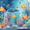 Illustration moderne d'aquarelle avec thème bleu, présentant un aquarium vibrant rempli de poissons milieu aquarium et de plantes aquatiques variées.