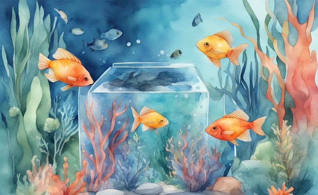 Illustration moderne d'aquarelle avec thème bleu, présentant un aquarium vibrant rempli de poissons milieu aquarium et de plantes aquatiques variées.