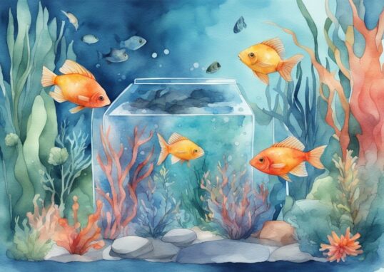 Illustration moderne d'aquarelle avec thème bleu, présentant un aquarium vibrant rempli de poissons milieu aquarium et de plantes aquatiques variées.