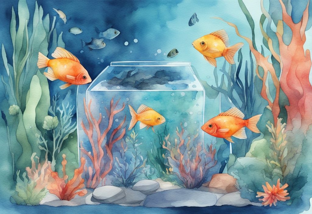 Illustration moderne d'aquarelle avec thème bleu, présentant un aquarium vibrant rempli de poissons milieu aquarium et de plantes aquatiques variées.