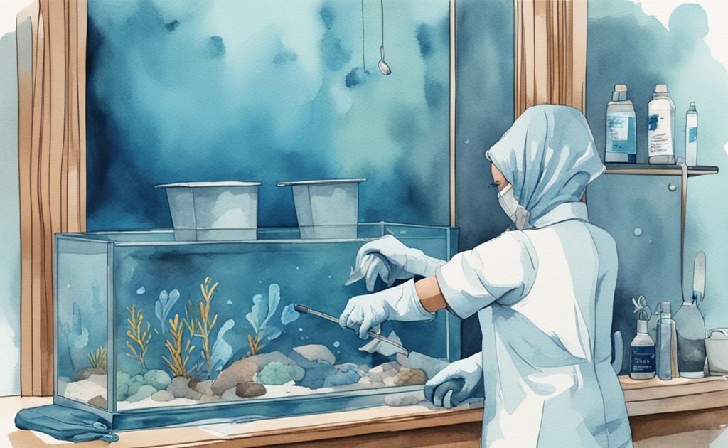 Illustration moderne en aquarelle montrant comment nettoyer un aquarium vide très sale, avec des mains gantées frottant l'intérieur de l'aquarium, thème de couleur bleu.