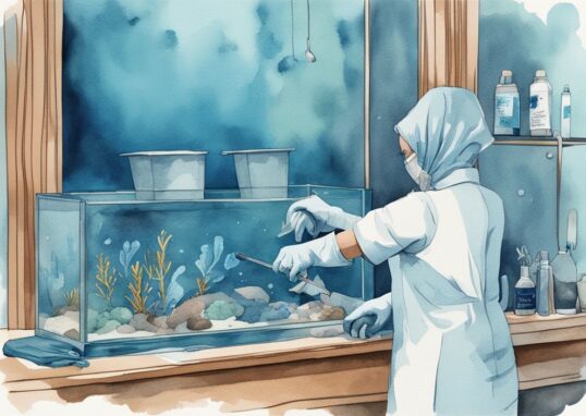 Illustration moderne en aquarelle montrant comment nettoyer un aquarium vide très sale, avec des mains gantées frottant l'intérieur de l'aquarium, thème de couleur bleu.