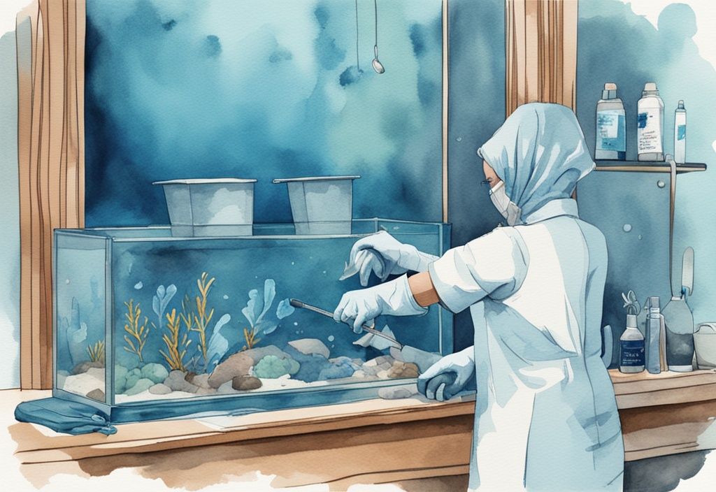 Illustration moderne en aquarelle montrant comment nettoyer un aquarium vide très sale, avec des mains gantées frottant l'intérieur de l'aquarium, thème de couleur bleu.